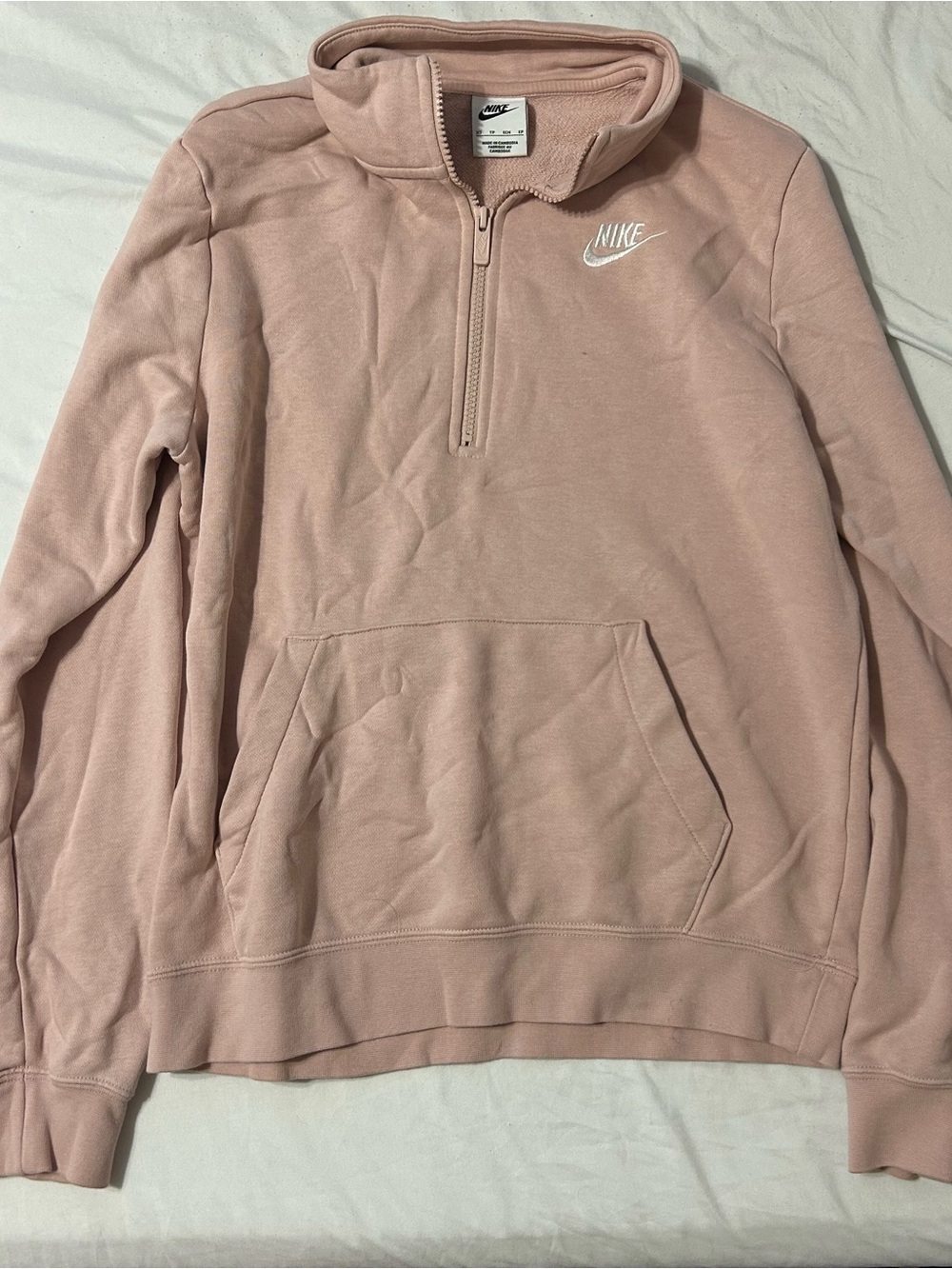Nike Quarter-Zip Pullover in Blush Pink with White Swoosh